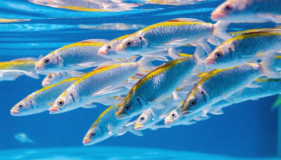 Large school of fish swimming in formation with visible water flow patterns between individuals
