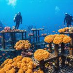 Conceptual illustration of revitalized coral reef using Biorock technology, with vibrant corals growing on metallic structures and small fish swimming around, symbolizing marine restoration efforts by the Global Coral Reef Alliance.