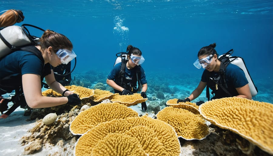 Group of diverse participants receiving hands-on training in coral restoration methods