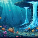 Conceptual illustration of natural hydrothermal vents in the deep sea, showcasing the interaction between geothermal energy and marine life, with diverse organisms such as tube worms and fish surrounding the mineral-rich water.