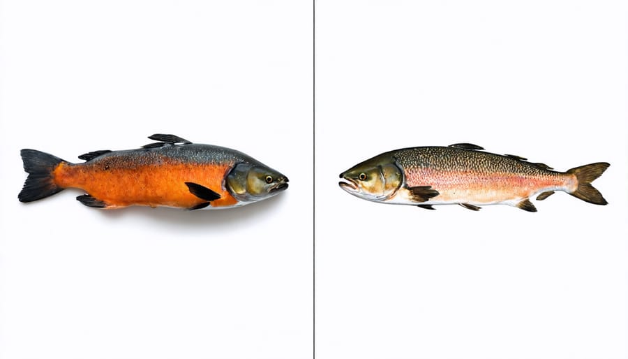 Side-by-side comparison of genetically modified and conventional Atlantic salmon showing growth enhancement