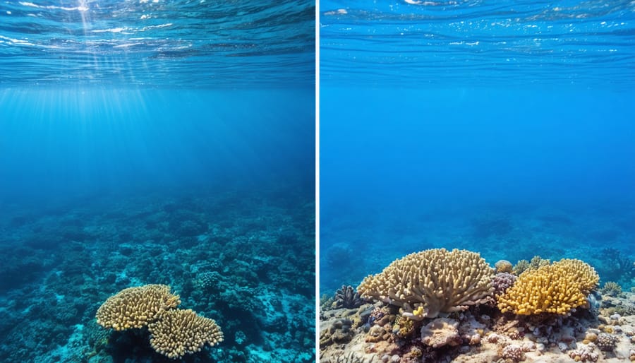 Split image showing degraded coral reef before restoration and thriving coral ecosystem after robotic intervention