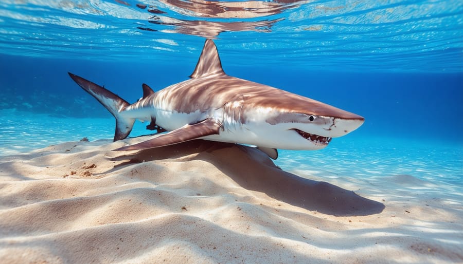 Hammerhead shark hovering over sandy seafloor using electroreception to locate hidden prey