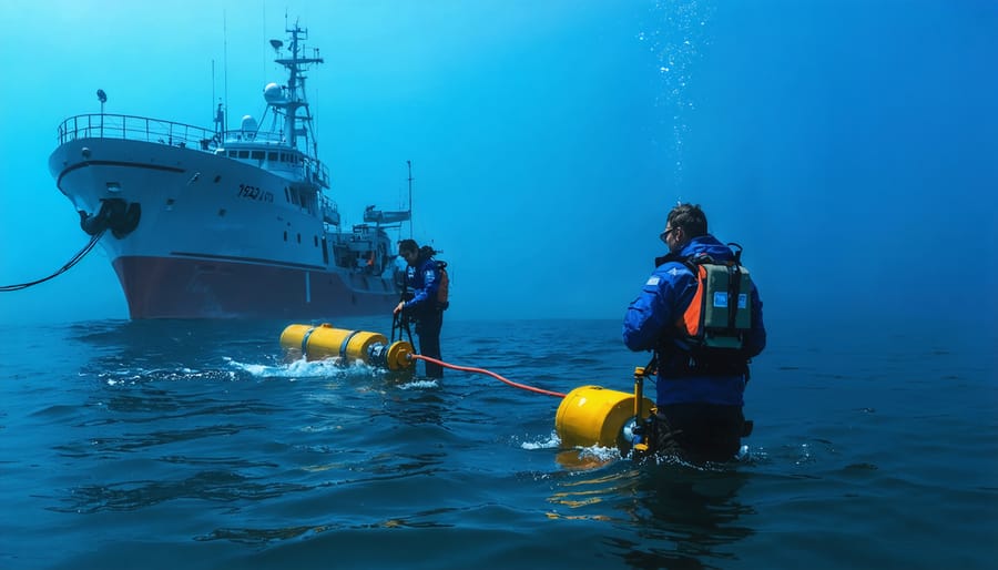 Marine researchers lowering acoustic monitoring equipment into the ocean