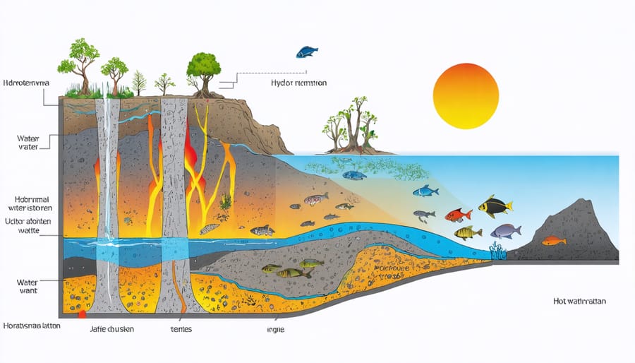 Illustration of deep-sea hydrothermal vent ecosystem with surrounding marine life and water flow patterns