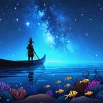 An Indigenous marine guardian stands at the bow of a canoe, navigating using celestial techniques under a starry sky, with abundant marine life below, highlighting the blend of traditional and modern conservation practices.
