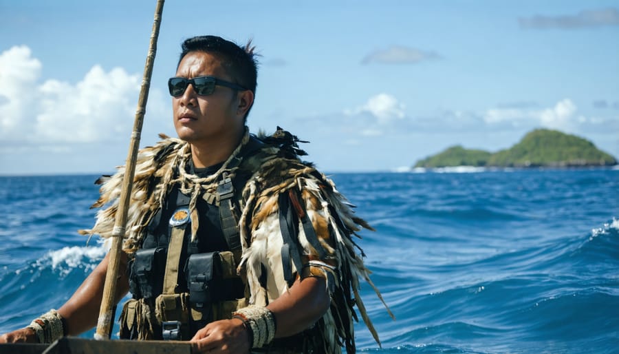 Traditional Indigenous navigator using celestial navigation techniques aboard a patrol vessel