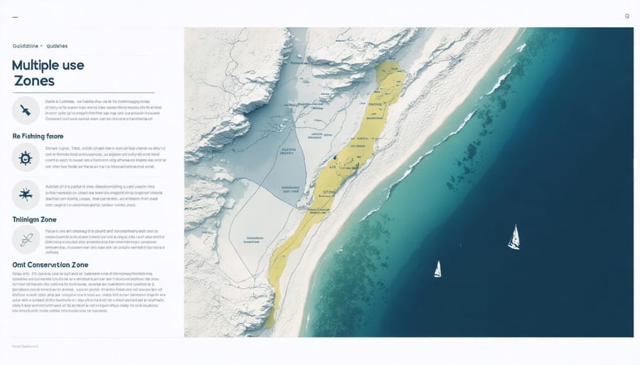 Bird's eye view of a coastal area with clearly marked management zones for different activities