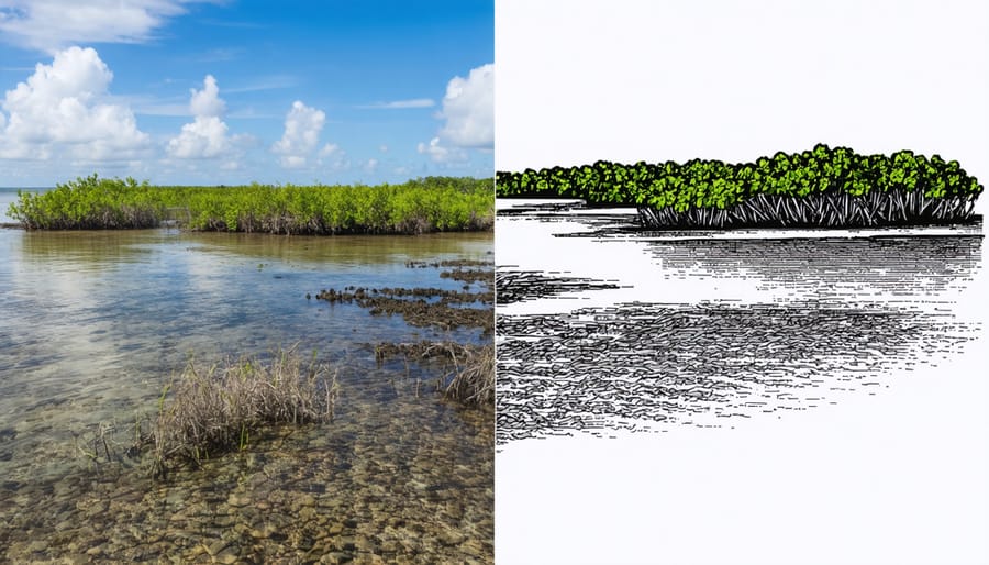 Split-screen comparison of degraded versus restored mangrove coastal habitat