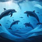 Illustration of marine animals like dolphins and fish using water flow patterns to communicate, featuring swirls and vortices representing hydrodynamic signals.