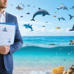 A marine conservation lawyer gazes at the ocean, symbolic legal documents in hand, representing the defense of marine biodiversity and legal advocacy for ocean protection.