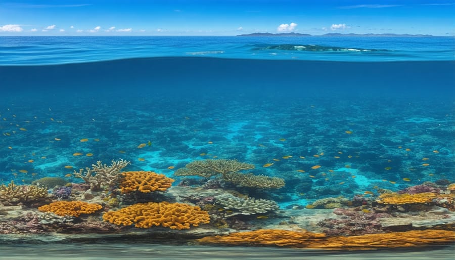 Half-underwater view of thriving marine ecosystem and coastal development
