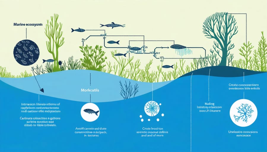 Detailed diagram illustrating how genetic modifications in marine species can affect the ocean food web and ecosystem balance