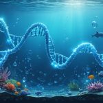 Conceptual illustration of marine genetic engineering, showing laboratory tools interwoven with DNA strands and ocean life, symbolizing the intersection of science and ethics in marine environments.