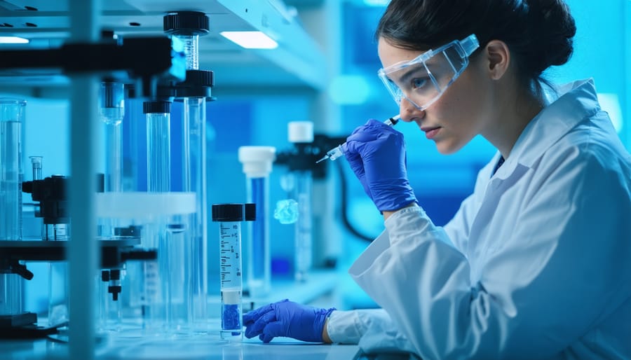 Marine geneticist working with advanced gene editing equipment and samples