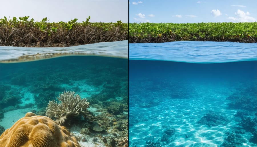 Split image showing degraded coral reef on left and thriving marine ecosystem on right after tribal conservation efforts