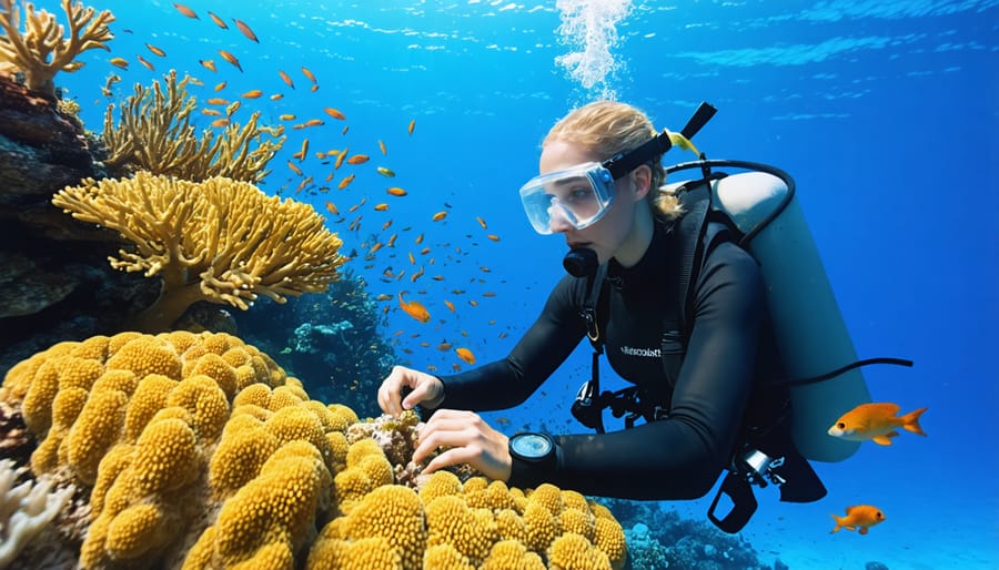 Scientists conducting underwater survey of coral reef ecosystem in marine protected area