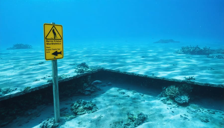 Underwater scene of a Marine Protected Area with diverse fish species and healthy coral formations near conservation boundary buoys
