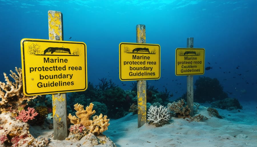 Underwater scene showing marine protected area markers with schools of fish and healthy coral