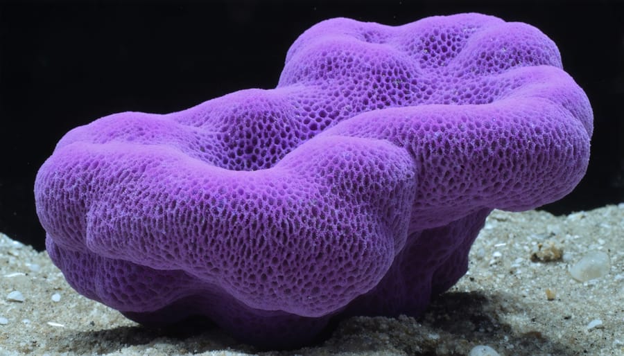 Scientists examining a vibrant purple sea sponge specimen for pharmaceutical research