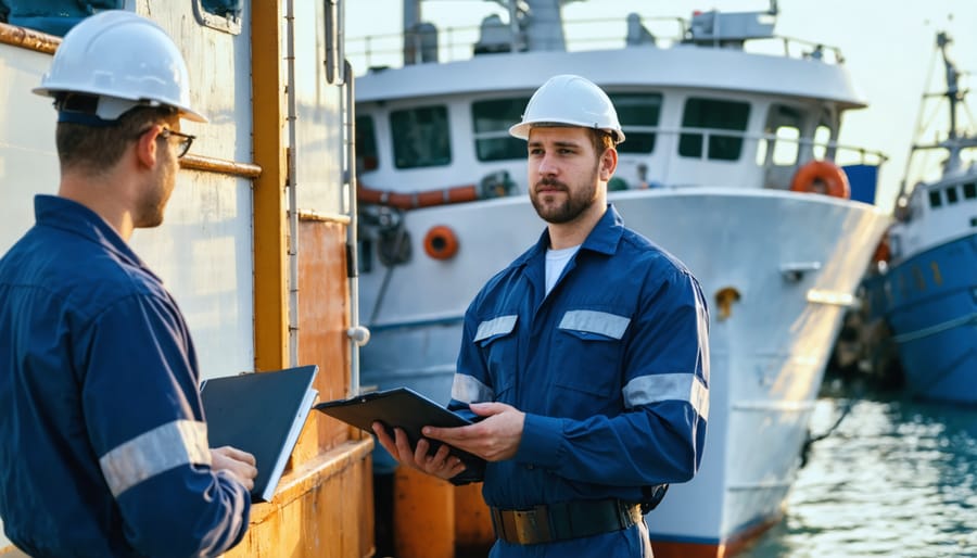 Maritime enforcement officers conducting vessel inspection at sea