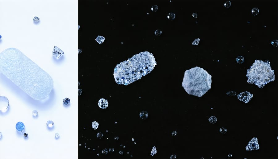 Microscopic image showing various types of colorful microplastic particles