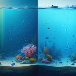 Conceptual image portraying the contrast between a healthy ocean ecosystem and an acidified one, illustrating the effects of climate change and carbon dioxide absorption on marine life.