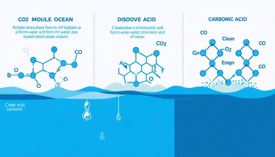 Scientific diagram illustrating the process of CO2 absorption and ocean acidification