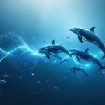 Illustration depicting sound waves traveling through the ocean, interacting with marine life and hydrophones, symbolizing the study of ocean acoustics and its importance for marine conservation.