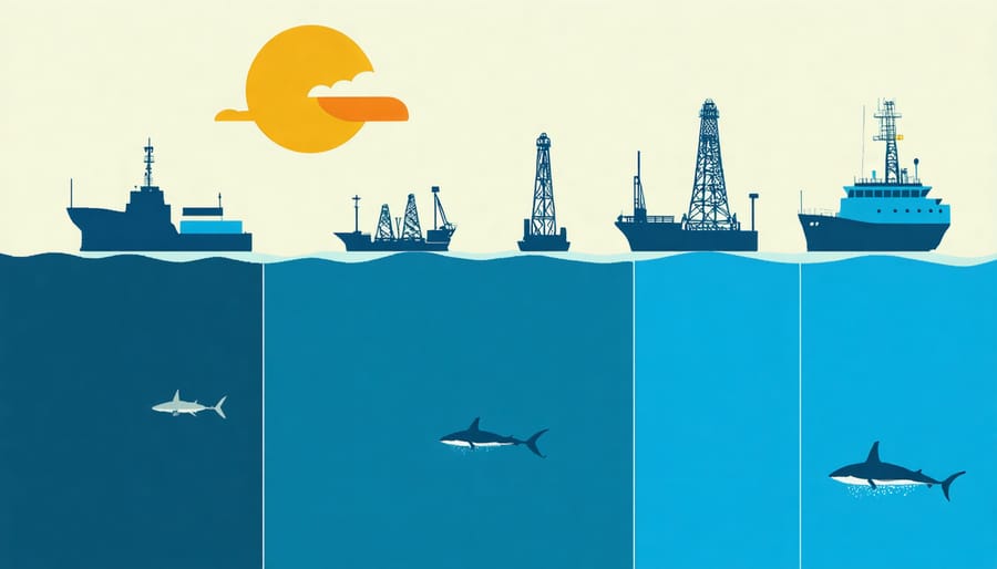 Illustrated cross-section of ocean showing different human-made sources of underwater noise