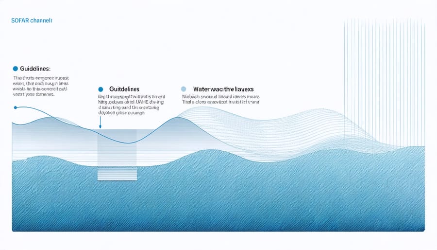 Scientific illustration of sound wave propagation in ocean layers with labeled SOFAR channel