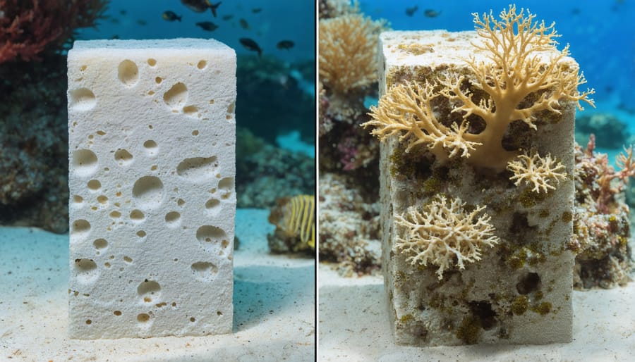 Split image showing newly installed artificial reef blocks and the same blocks covered in coral growth after one year