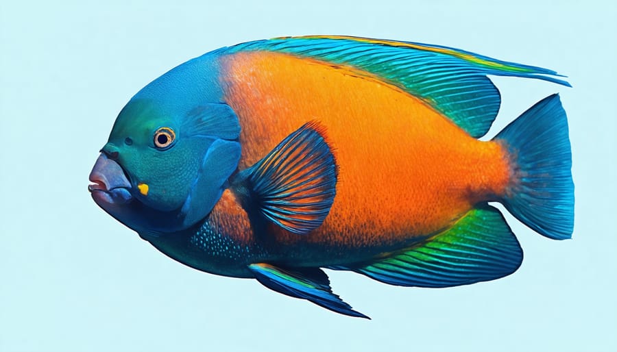 Diagram showing how a parrotfish perceives different colors underwater with light spectrum visualization