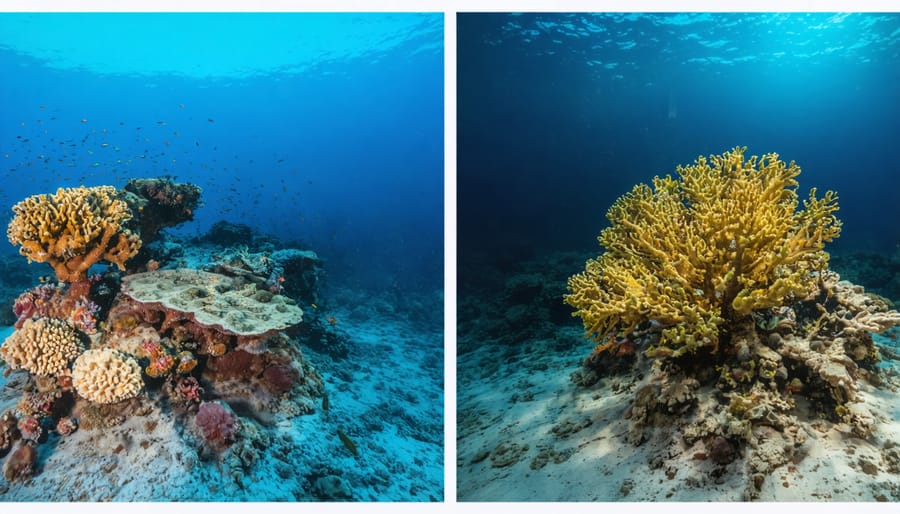 Split image showing a degraded coral reef before restoration and the same site thriving with coral growth after GCRA intervention