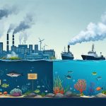 A conceptual illustration showcasing human activities like industry and urbanization affecting the ocean, juxtaposed with conservation efforts and renewable energy symbols, highlighting the balance between impact and restoration.