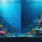 A split-view image illustrating a healthy, vibrant coral reef ecosystem on one side with diverse marine species and colorful corals, contrasted with a degraded, bleached coral reef affected by pollution and climate change on the other.
