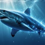 A conceptual image of a shark navigating through the ocean with visible electric field lines around its snout, showcasing the ampullae of Lorenzini and the shark's ability to perceive electrical signals.