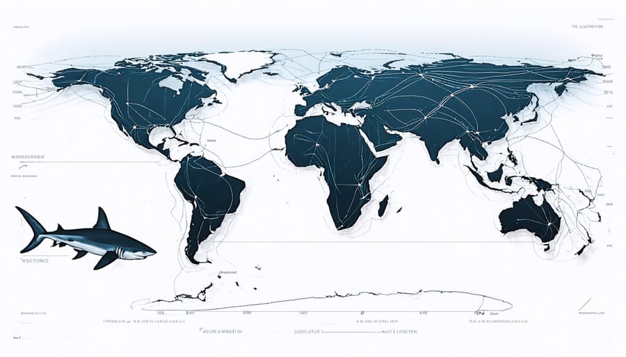 Map showing shark migration patterns aligned with Earth's magnetic field lines