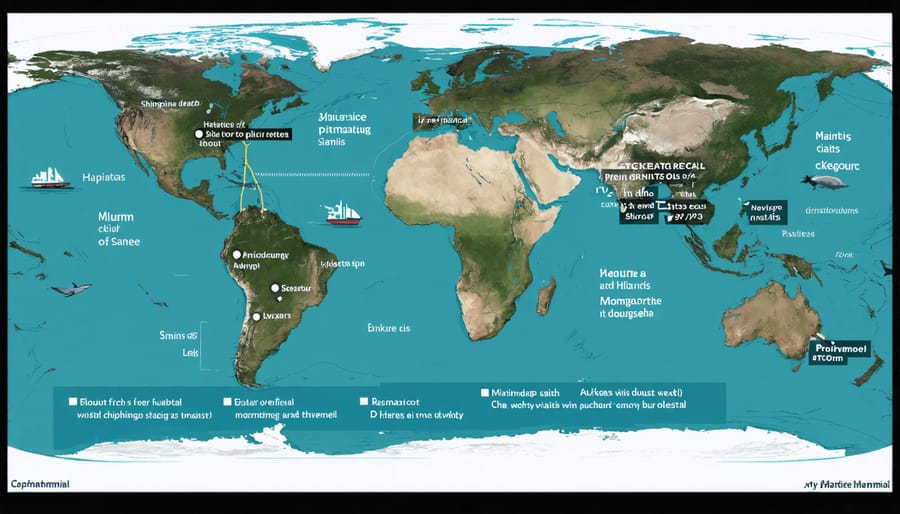 World map highlighting commercial shipping lanes and their overlap with key marine mammal populations