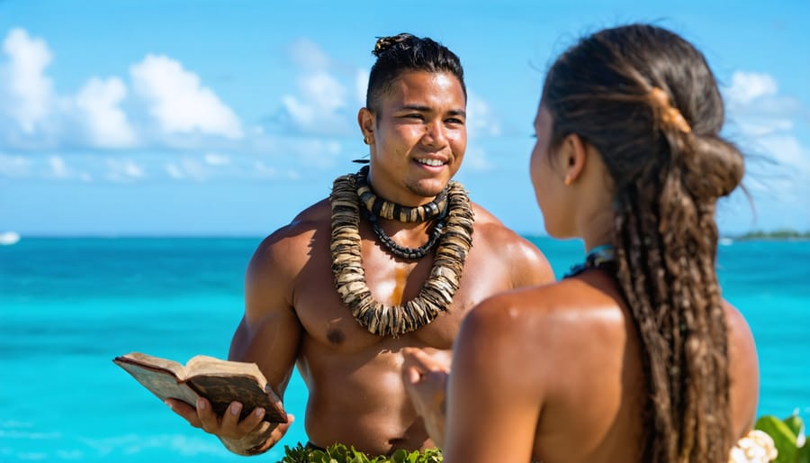 Elder teaching youth about ocean traditions on a Micronesian beach