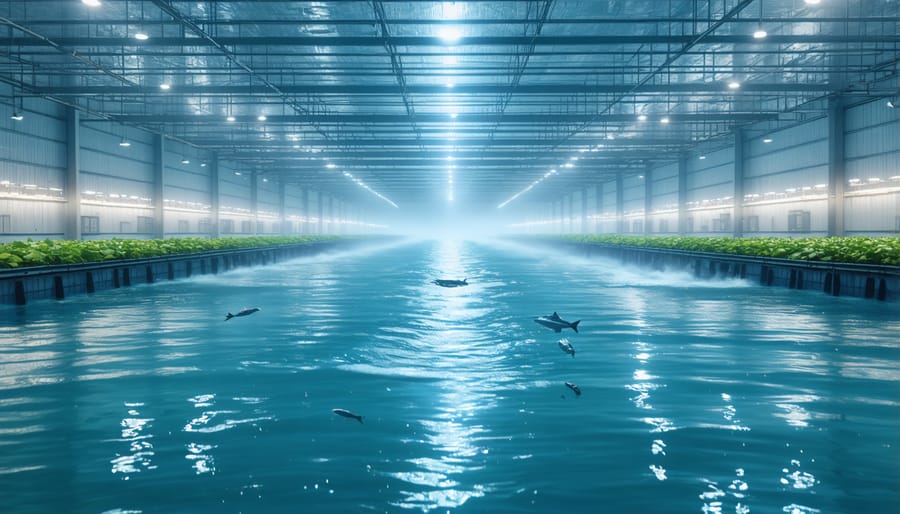 Aerial view of sustainable aquaculture tanks with integrated monitoring equipment