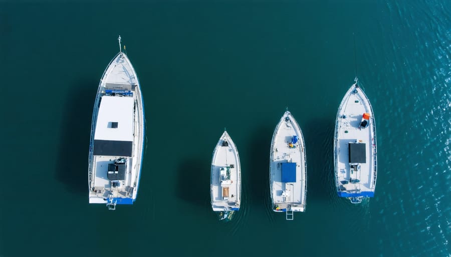Modern fishing boats implementing sustainable fishing practices with visible tracking equipment