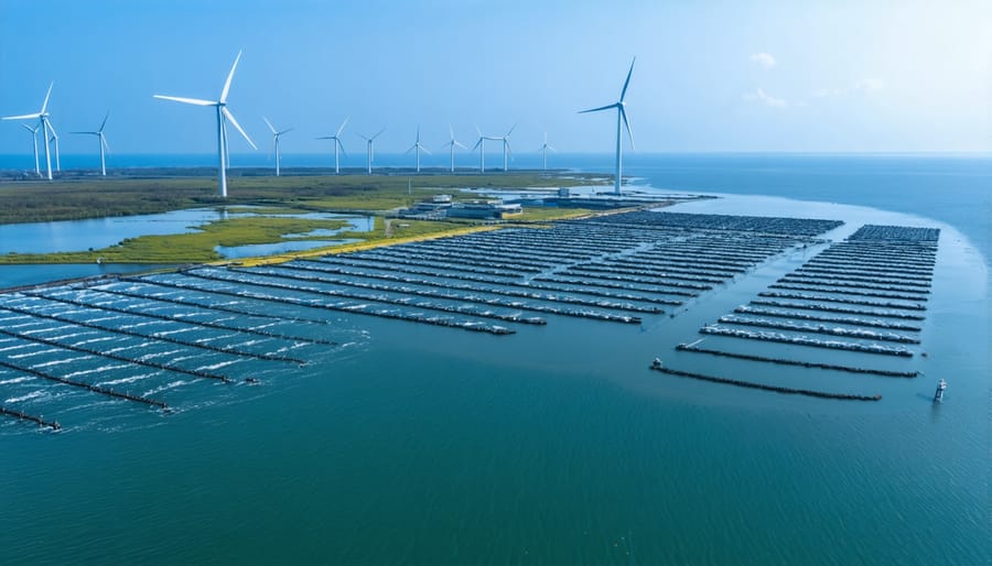 Sustainable ocean development showing aquaculture farms and renewable energy integration