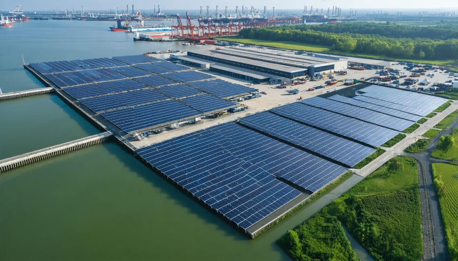 Sustainable port development featuring renewable energy installations and ecological design elements