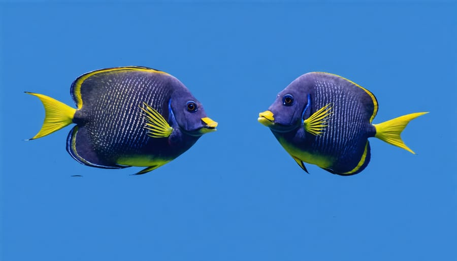 Two surgeonfish engaged in territorial display showing bright color patterns