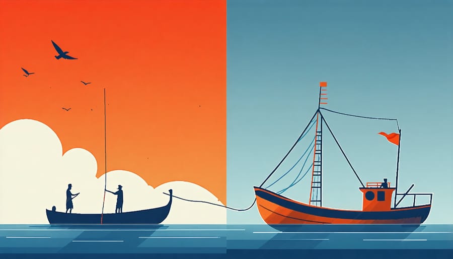 Comparative illustration of traditional versus modern marine resource use