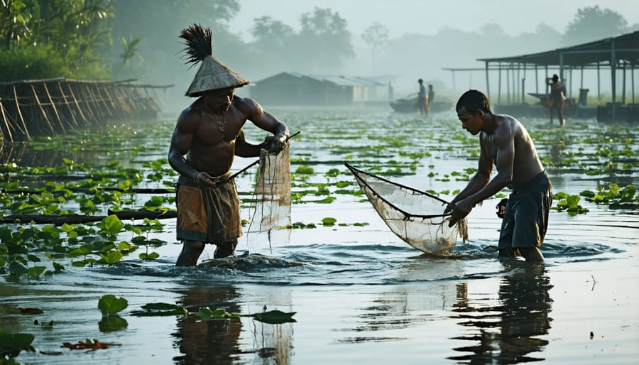 Contrast between traditional fishing practices and modern marine genetic engineering facilities