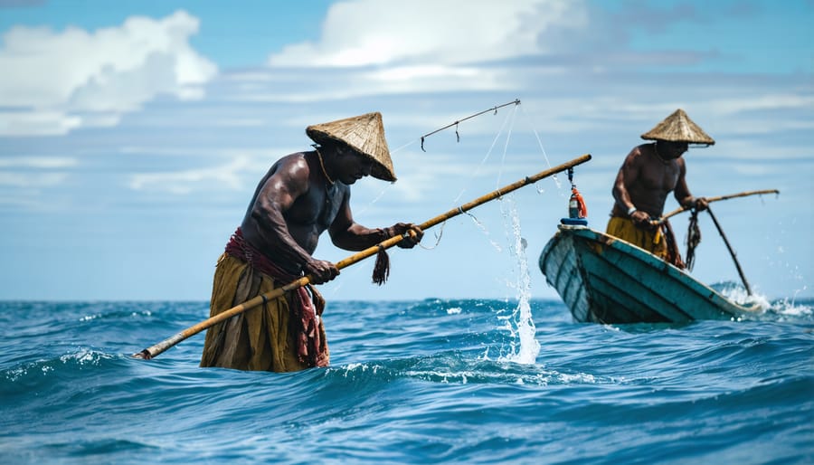 Pacific Islander fishermen demonstrating traditional sustainable fishing techniques using handmade nets