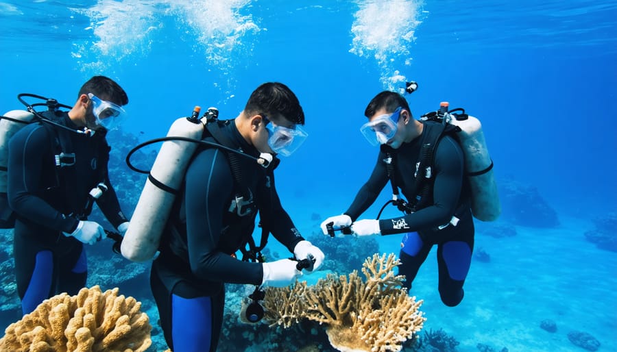 Indigenous marine stewards in diving gear documenting coral reef health