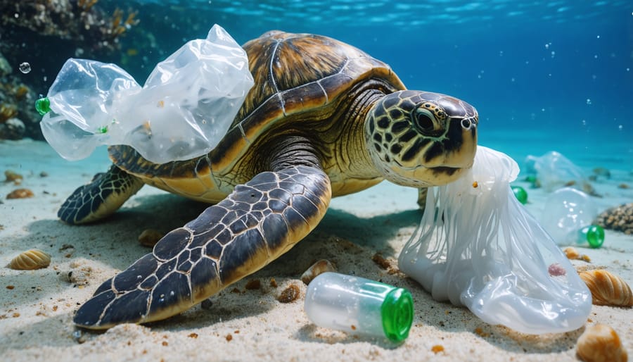 Marine turtle encountering plastic pollution in ocean waters